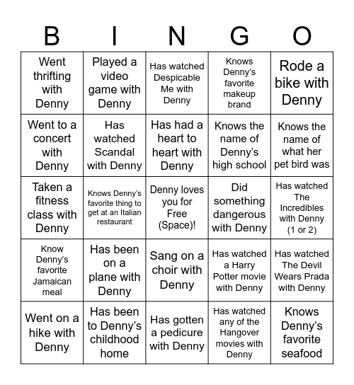 Denny Bingo Card