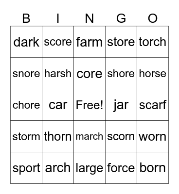 ar, or & ore word Bingo Card