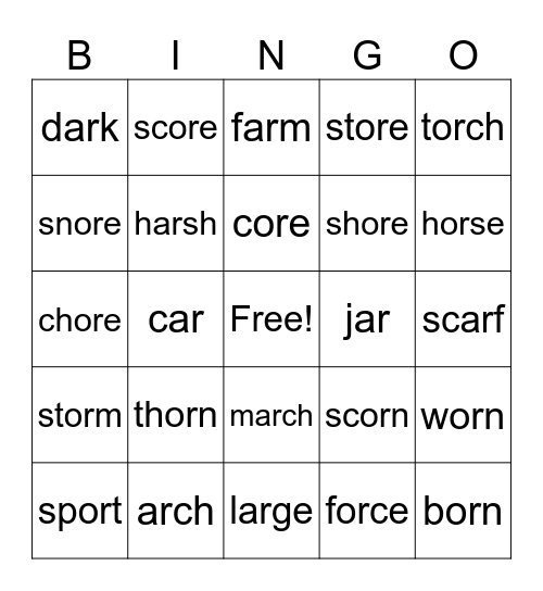 ar, or & ore word Bingo Card