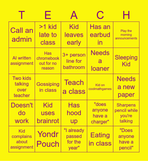 EHS Teacher Bingo Card