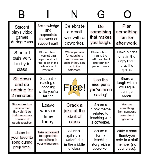 Teacher Appreciation Week Bingo Card