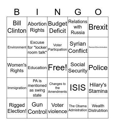 10/19 President Debate Bonus Bingo Card