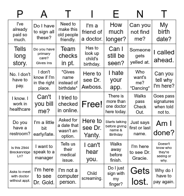 Front Desk Bingo Card