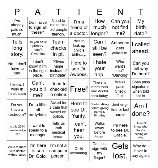 Front Desk Bingo Card