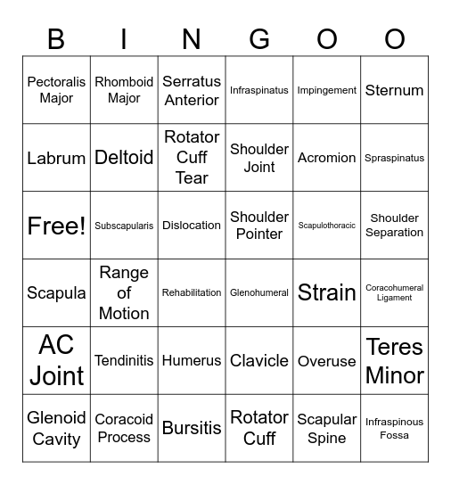 Shoulder Review Bingo Card