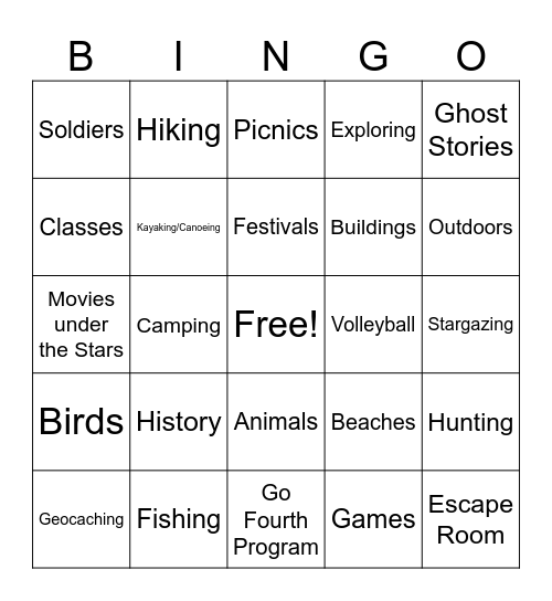 South Dakota State Park Bingo Card