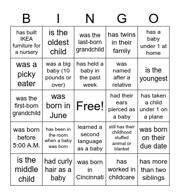 Baby Shower Bingo Card