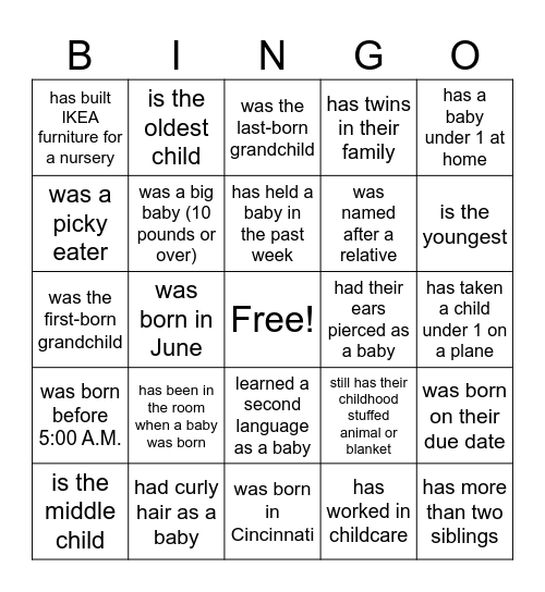 Baby Shower Bingo Card