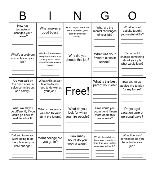 Career Day Bingo Card