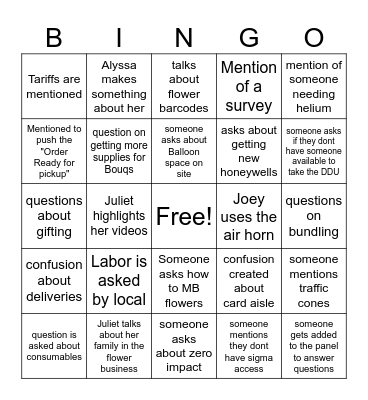 HVH Training Call Bingo Card