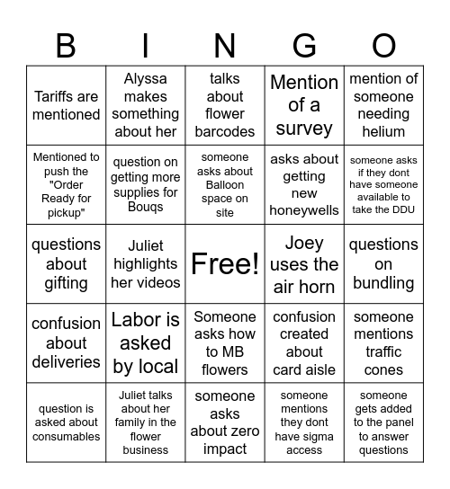 HVH Training Call Bingo Card