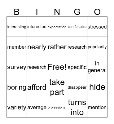 Vocabulary Bingo Card