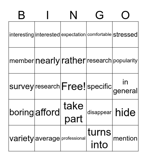 Vocabulary Bingo Card