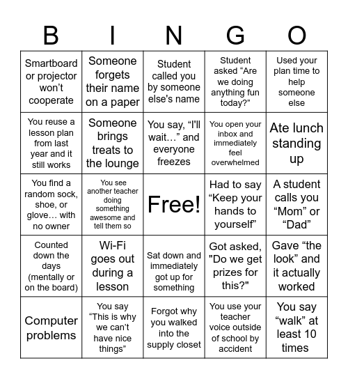 Teacher Bingo Card