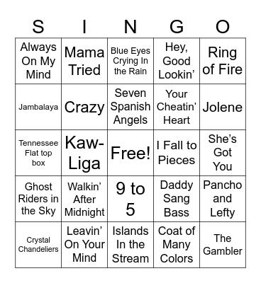 Country Music Bingo Card