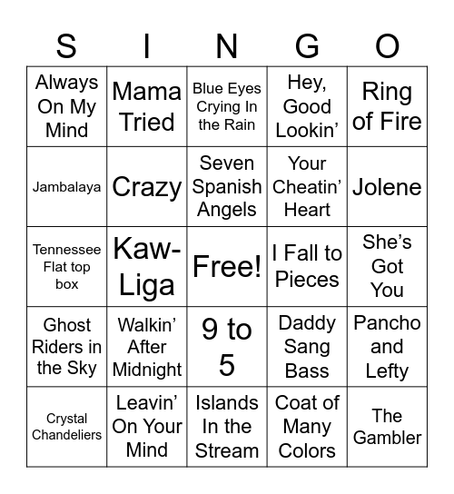 Country Music Bingo Card