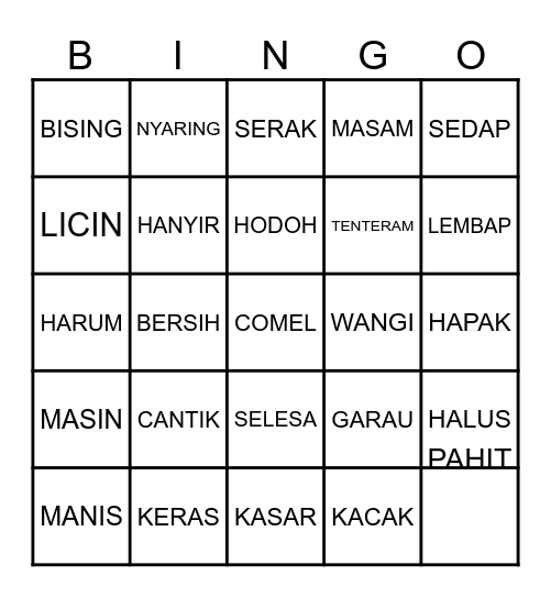 KATA ADJEKTIF PANCAINDERA Bingo Card