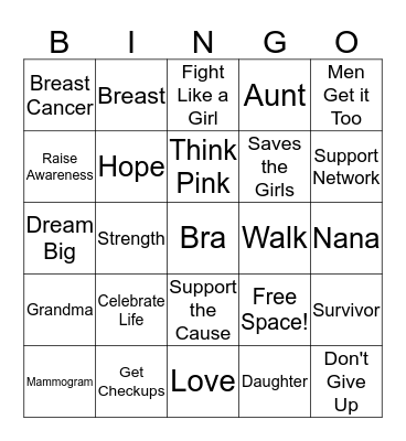 Breast Cancer Awareness Bingo Card