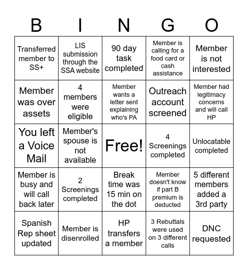 Call Bingo Card