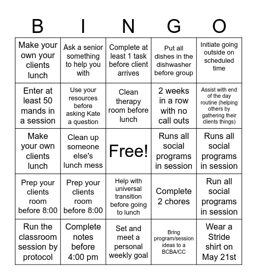 Stride COFFEE bingo Card