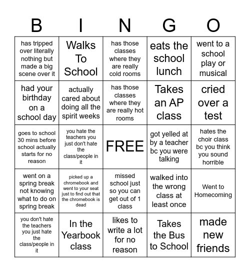 Freshman Bingo Card