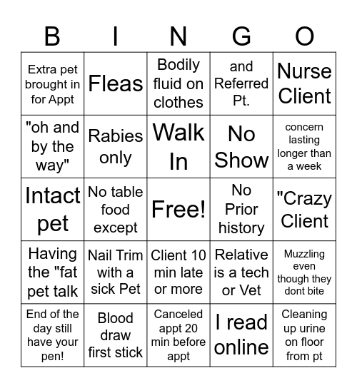 Veterinary Bingo Card