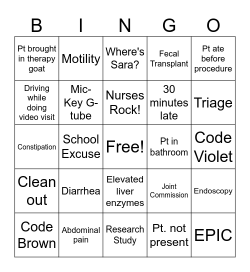 Nurse's Bingo Card