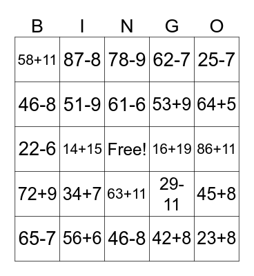 Addition and Subtraction Bingo Card