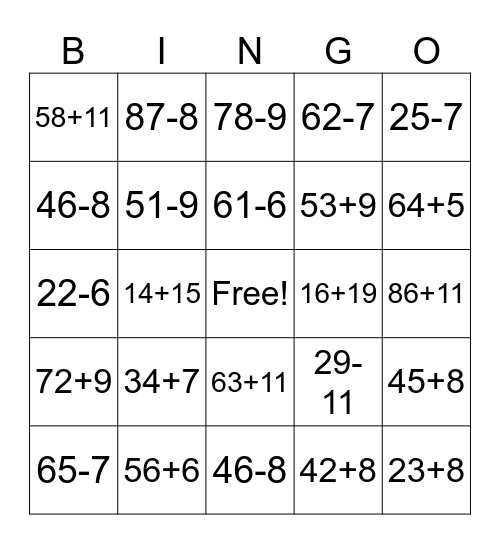 Addition and Subtraction Bingo Card