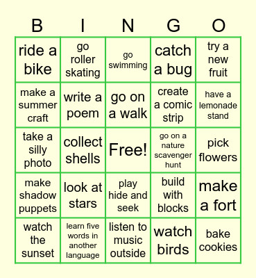 Summer Fun Bingo Card