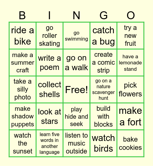 Summer Fun Bingo Card