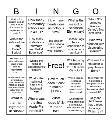Bebensee Trivia Bingo Card