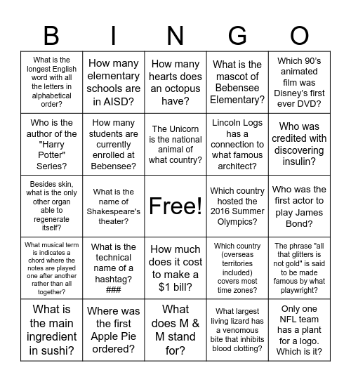 Bebensee Trivia Bingo Card