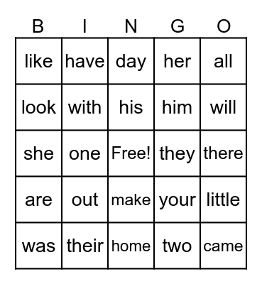 Heart Words Bingo Card