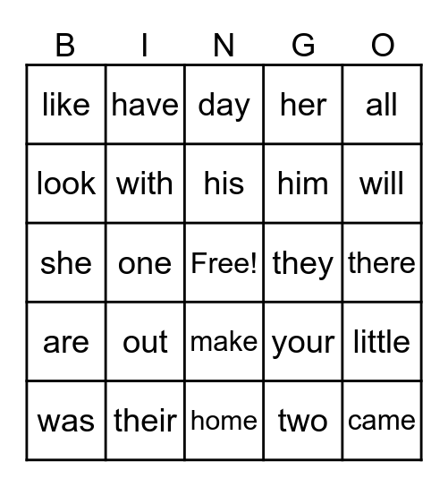 Heart Words Bingo Card