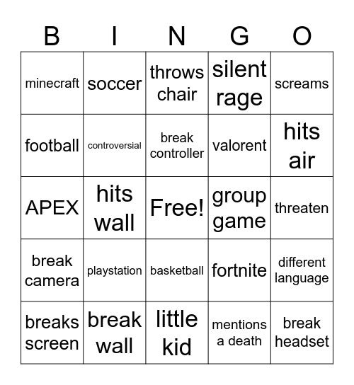gamer rage Bingo Card