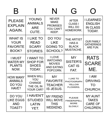 Learning ASL - Unit 2 (Sentences) Bingo Card