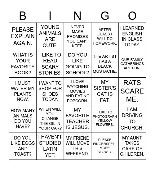 Learning ASL - Unit 2 (Sentences) Bingo Card