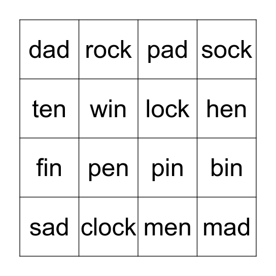 Word Families -ad, -en, -in, -ock Bingo Card