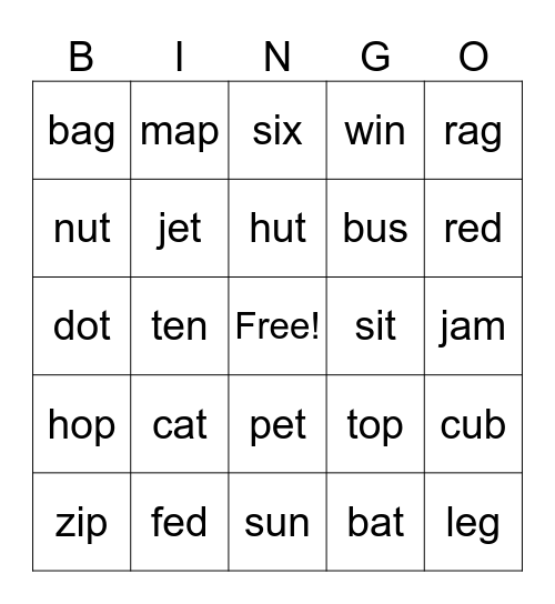 Reading Center CVC Decodable Words Bingo Card