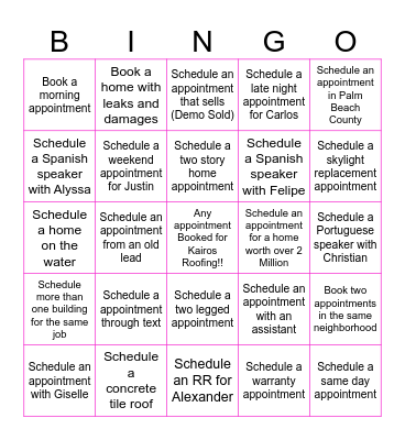 Kairos Roofing Bingo Card