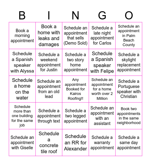 Kairos Roofing Bingo Card