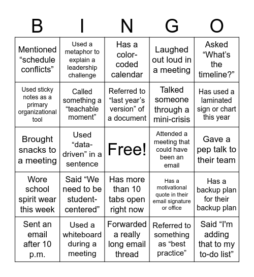Department Head Bingo Card