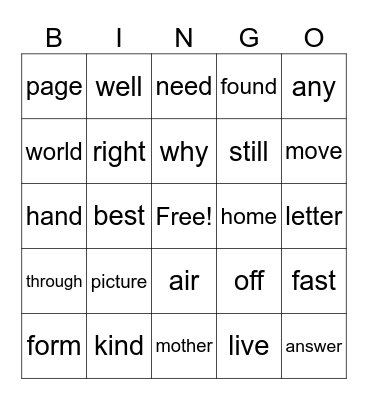 2nd Grade Sight Words Bingo Card
