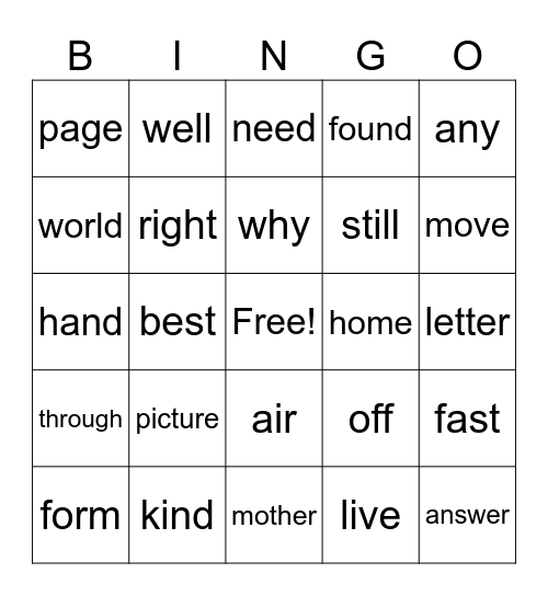 2nd Grade Sight Words Bingo Card
