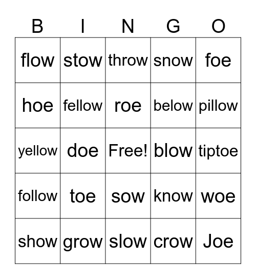 Long o at end Bingo Card