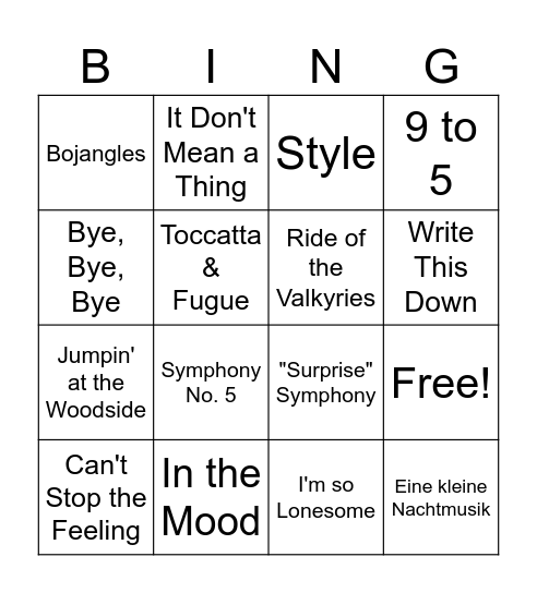 2nd Period Music Bingo Card
