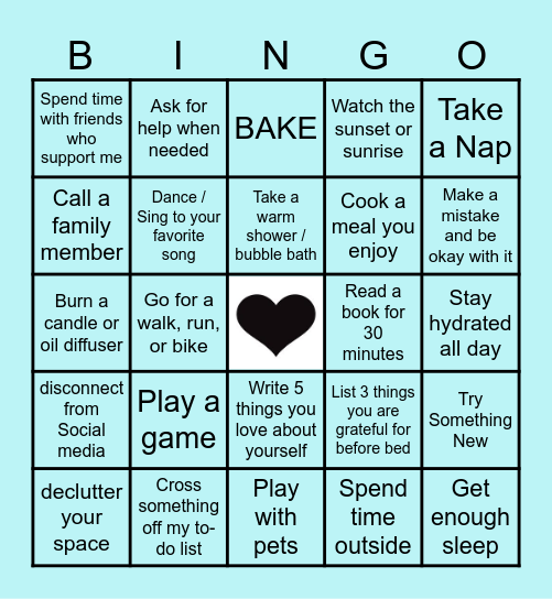 Self-Care Bingo Challenge Bingo Card