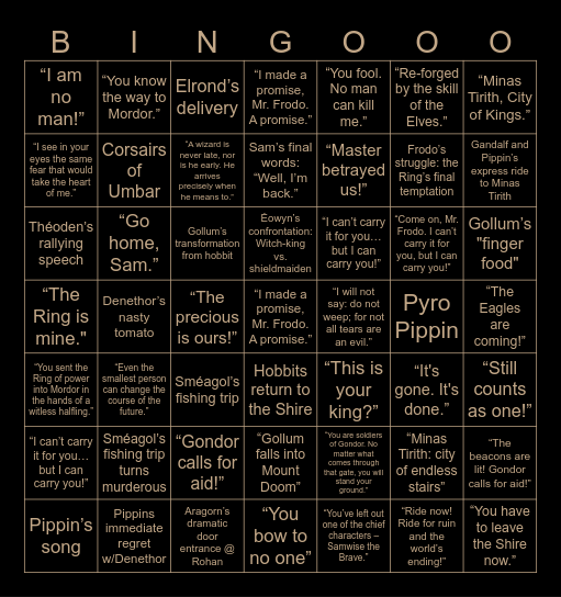 RETURN OF THE KING Bingo Card
