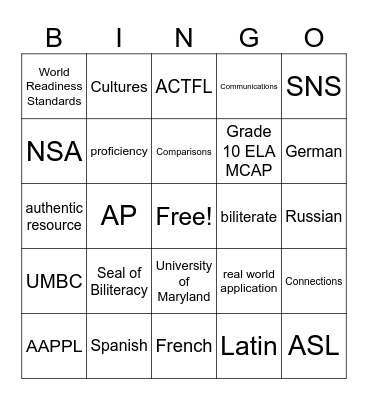 World Language Bingo Card